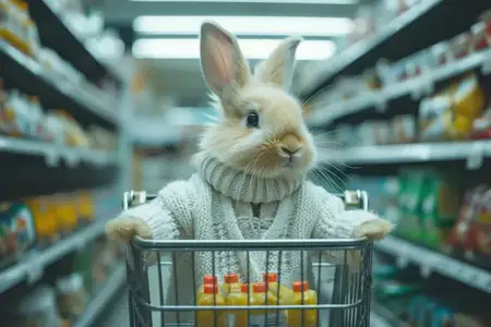 Милый кролик с тележкой для продуктов в супермаркете: очаровательный, пушистый и радостный компаньон для покупок в продуктовом магазине