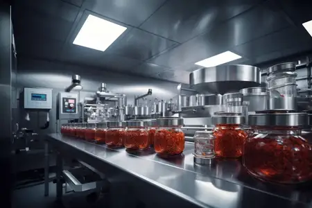 Мужчина, производство, металлический интерьер, оборудование, сковорода, подготовка, коммерческий, белый, еда, блестящий, чистый, сталь, машина, промышленный, бизнес, производство, интерьер, кухня…