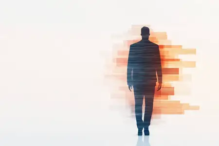 Силуэт бизнесмена, идущего на фоне яркого размытого фона, который символизирует рост, инновации и перемены в современной корпоративной среде