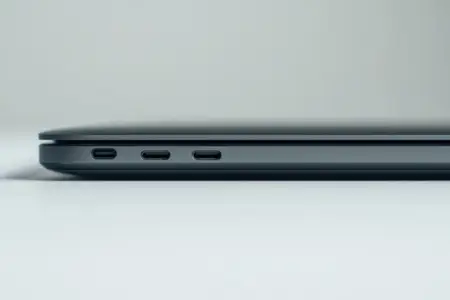 Крупный план современного ноутбука с акцентом на порты USB-C, идеально подходит для изображений, связанных с технологиями, инновациями и профессиональным рабочим пространством