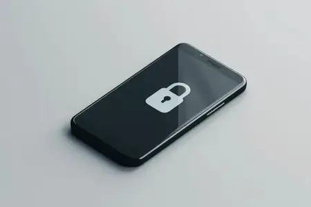 Элегантный черный смартфон с изображением значка замка на экране на мягком светло-сером фоне, символизирующий защиту данных