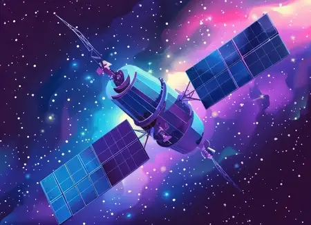 Художественное изображение спутника на потрясающем космическом фоне с красочными туманностями и звездами