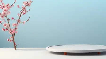 Роскошная презентация: чистый и минималистичный 3D-рендеринг пустой круглой сцены с белым цилиндрическим подиумом и пастельно-голубым геометрическим фоном