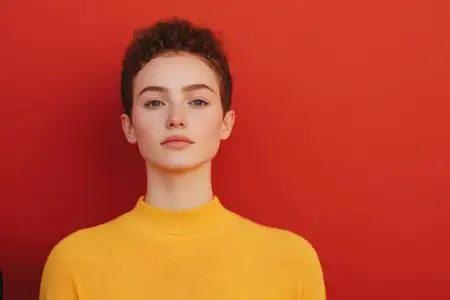 Молодая женщина с короткими волосами, одетая в желтую водолазку, стоит на фоне ярко-красного задника, излучая уверенность и современную моду