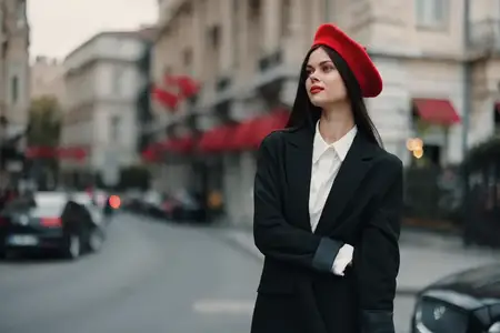 Портрет стильной женщины, стоящей на улице на фоне города
