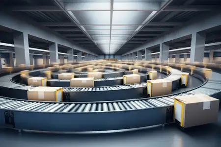 Автоматизированный логистический склад: футуристическая 3D-визуализация высокотехнологичного хранилища с эффективной системой отгрузки и инновационным управлением запасами