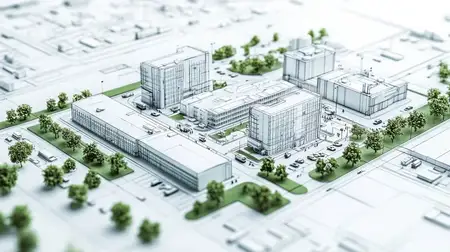 Детальная 3D-модель современного городского района с разнообразными зданиями, деревьями и парковкой, подчеркивающая устойчивый дизайн и общественные пространства