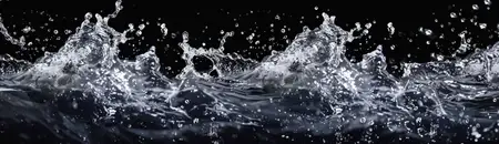 Динамичный всплеск воды с каплями, запечатлённый на тёмном фоне, символизирующий энергию, движение и текучесть