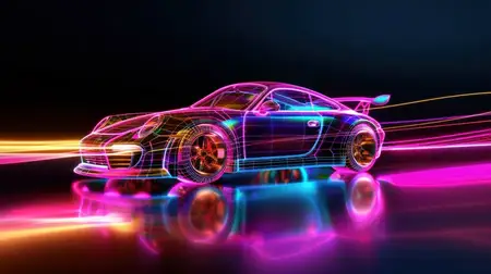 Спортивный автомобиль в стиле неонового каркаса, освещенный динамическими световыми линиями на темном фоне