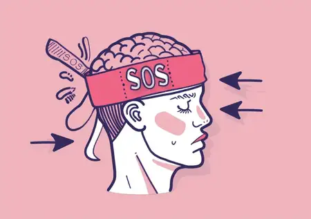 Умная мультяшная голова с мозгом в повязке, отправляющая сигнал SOS о помощи и поддержке