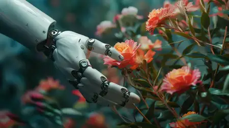 Рука робота, тянущаяся, чтобы коснуться нежного цветка на фоне яркой зелени