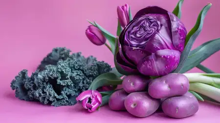 Яркая композиция из фиолетовой капусты, картофеля, листовой капусты и тюльпанов на ярко-розовом фоне