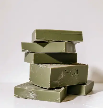 Эстетичная композиция из натуральных зеленых кусков мыла на белой поверхности, подчеркивающая органические материалы, экологичный образ жизни и устойчивые гигиенические продукты