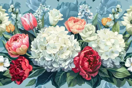 Яркий букет из красных, розовых и белых цветов на синем фоне для весеннего праздника или подарка на День матери