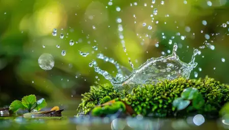 Крупный план капель воды, разлетающихся брызгами по пышному зеленому мху, с мягким боке природного окружения, вызывающий чувство покоя