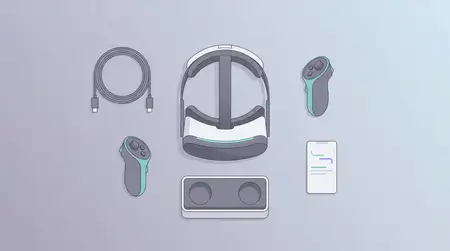 Минималистичная технологичная композиция сверху: VR-гарнитура, контроллеры и зарядная станция для посадочных страниц и статей об иммерсивных устройствах