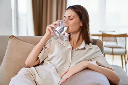 Расслабленная женщина пьет воду на диване дома
