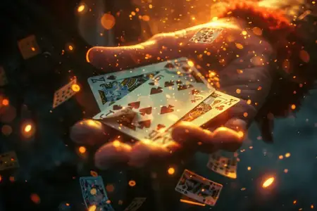 Драматическая сцена: человек держит игральные карты под огненным небом