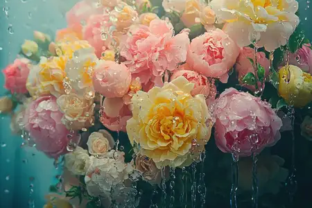 Пышная композиция из розовых и желтых пионов и роз, украшенная капельками воды, создающая освежающий вид, идеально подходит для концепций природы и цветочного декора