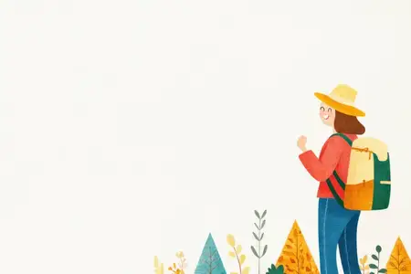 Счастливая путешественница с рюкзаком на фоне осенней тематики, демонстрирующей яркие краски