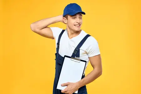 Мужчина в рабочей форме держит документы, оказывая услуги доставки, на жёлтом фоне