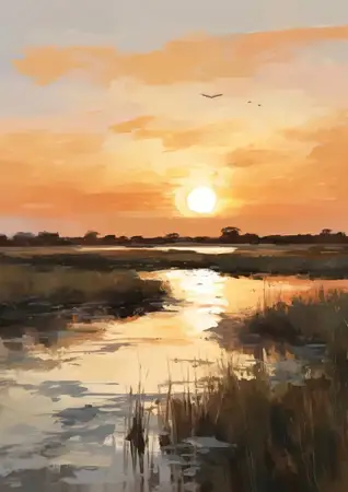 Живописный пейзаж с водой: озеро, река, отражение солнца на оранжевом фоне