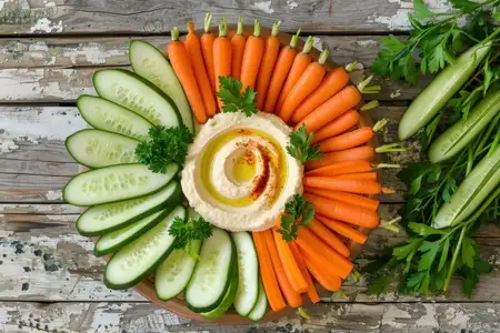 Яркая композиция из моркови и огурцов, окружающих миску с хумусом, украшенную петрушкой, на выветренной деревянной поверхности