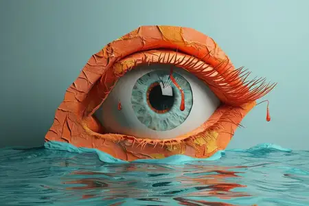 Крупный план оранжевого глаза со слезой, парящей в воде