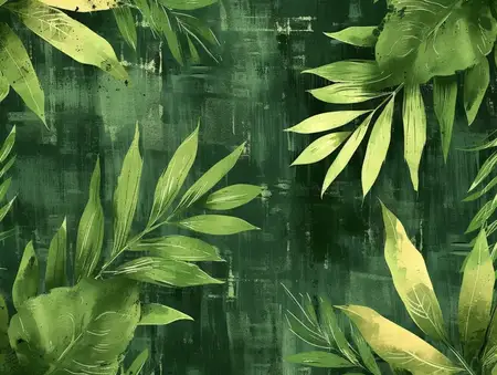 Яркая картина с тропической листвой на темно-зеленом фоне с текстом Tropical, произведение искусства на тему природы