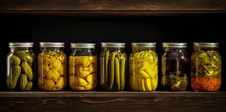 Домашнее консервирование: в стеклянной банке маринованные огурцы с чесноком и перцем