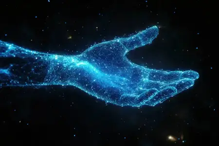 Потрясающее изображение футуристической цифровой руки, простирающейся в космос, символизирующее технологии, связь и цифровую эпоху через светящиеся синие частицы в космической обстановке
