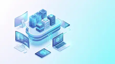 Изометрическая облачная платформа с подключенными устройствами и модульными блоками хранения, изолированная на ярком чистом фоне с футуристическим синим освещением и свободным пространством