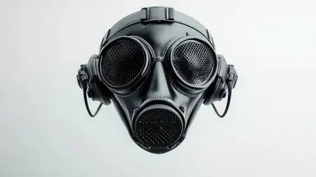 Черный противогаз со встроенными наушниками, представленный на светлом фоне, символизирует безопасность, защиту и готовность к чрезвычайным ситуациям в нестабильной обстановке
