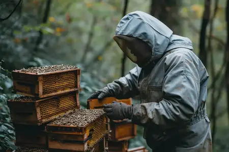 Занятый пчеловод на безмятежной пасеке: запечатление сути золотого дара природы