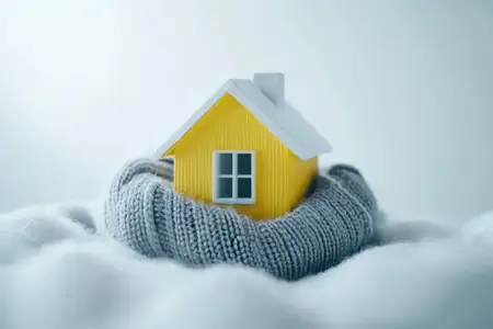 Этот уютный желтый дом, тепло укутанный в мягкий серый шарф, символизирует тепло и комфорт зимой
