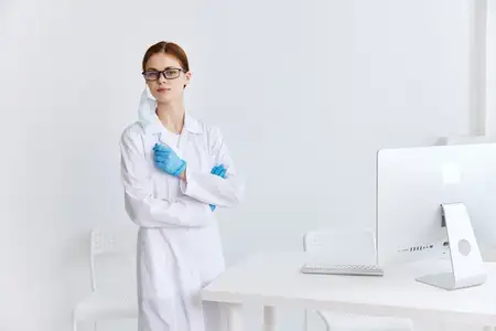 Врач в медицинском кабинете работает за компьютером как профессиональный техник