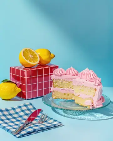 Вкусный кусок торта с розовой глазурью и ломтиками лимона на синей скатерти для любителей сладкого