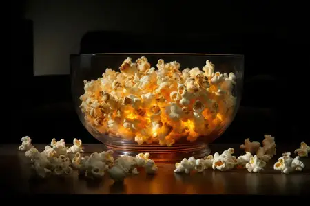 Киношное удовольствие: хрустящее, вкусное и аппетитное угощение из попкорна в масляном ведёрке на полосатом скатерти