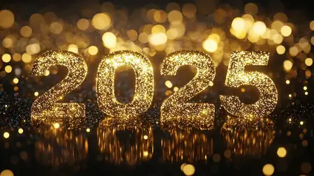 Мерцающие золотые цифры 2025, помещенные в ослепительный фон боке, идеально подходят для продвижения новогодних мероприятий, торжеств и праздничных тем