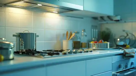 Интерьер современной кухни с плитой, раковиной, кастрюлями и сковородами на столешнице