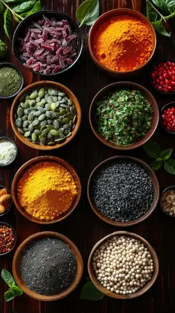 Красочные специи, включая куркуму, черный кунжут и тыквенные семечки, разложенные в деревянных мисках на деревенской поверхности