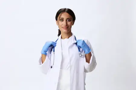 Женщина-врач со стетоскопом в руке, в медицинском халате на белом фоне, медсестра в синих перчатках на заднем плане, последствия COVID-19, шум в легких