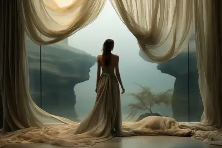 Романтичная невеста, стоящая одна в летнем лесу, позирующая в белом платье, воплощающая элегантность природы
