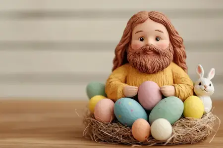 Очаровательное пасхальное украшение с бородатым мужчиной, держащим пастельные яйца и кролика, создает радостную весеннюю атмосферу для сезонных праздников