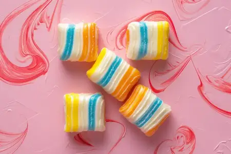 Ассортимент ярких и красочных конфет на мягком розовом фоне, вид сверху, плоская композиция