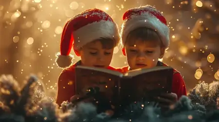Двое детей в шапках Санты читают рождественскую книгу перед украшенной елкой