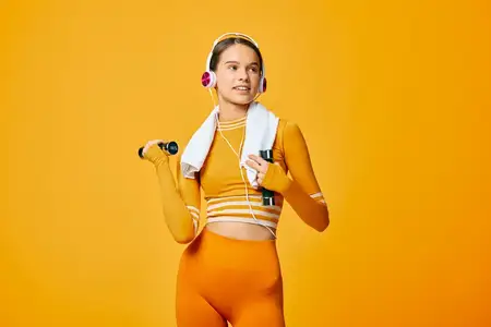 Спортивная женщина в комплекте оранжевой одежды с полотенцем, наушниками и телефоном, готовая к режиму упражнений, демонстрирующая активный фитнес и стиль тренажерного зала