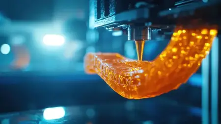 Крупный план 3D-принтера в действии, создающего ярко-оранжевый объект, подчеркивающий тонкости современных технологий и творчества в производстве