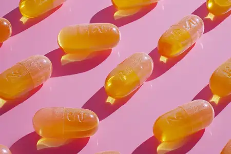 Ряд таблеток витамина C на розовой поверхности с текстом "vitamin c"