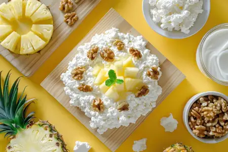 Вкусный и питательный десерт из творога и свежего ананаса, украшенный грецкими орехами